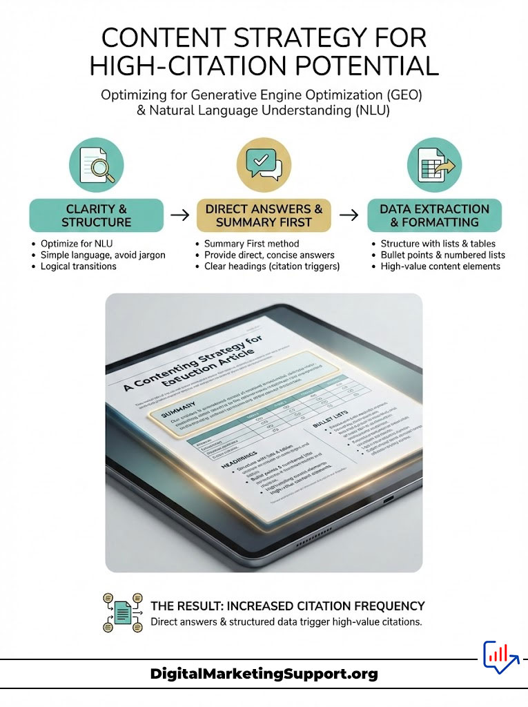 Infographic showing content strategy for high-citation potential with clarity, direct answers, and data extraction tips.