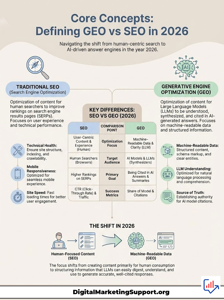 Infographic comparing SEO and GEO in 2026, detailing key differences and shifts in optimization strategies.