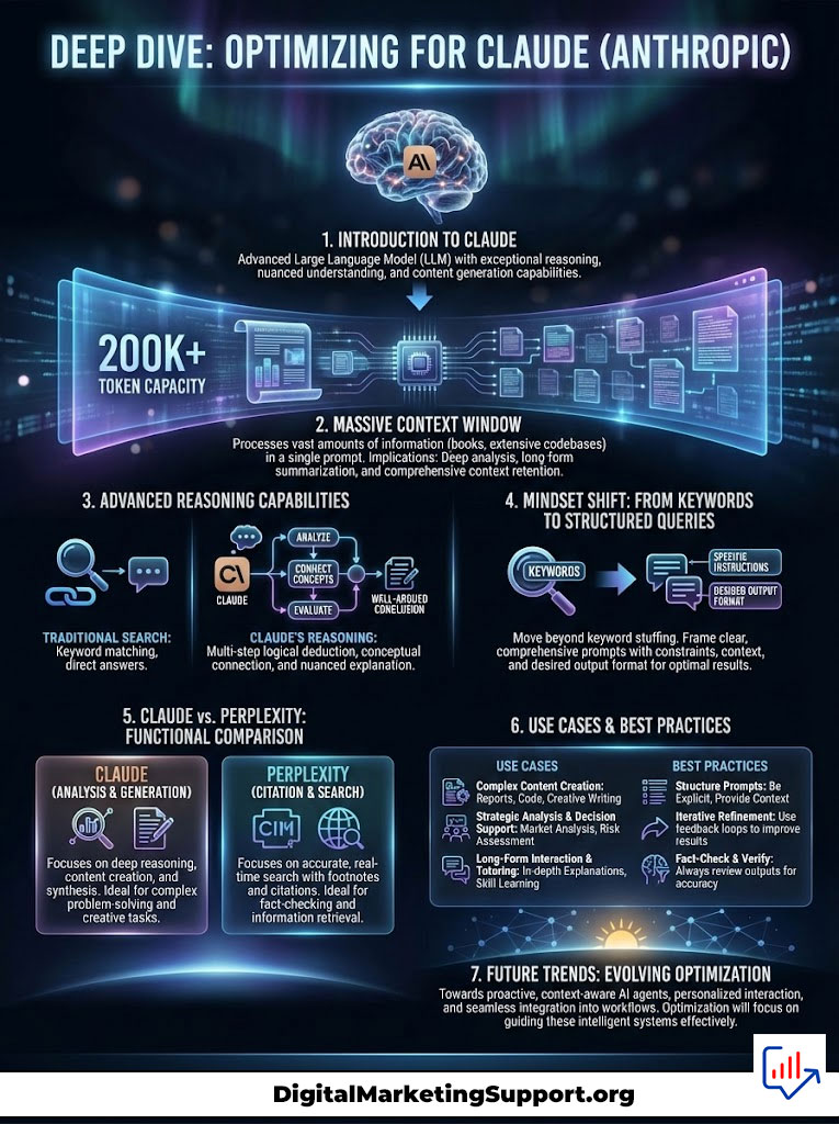 Infographic illustrating optimization strategies for Claude, an advanced language model, with key sections and data points.