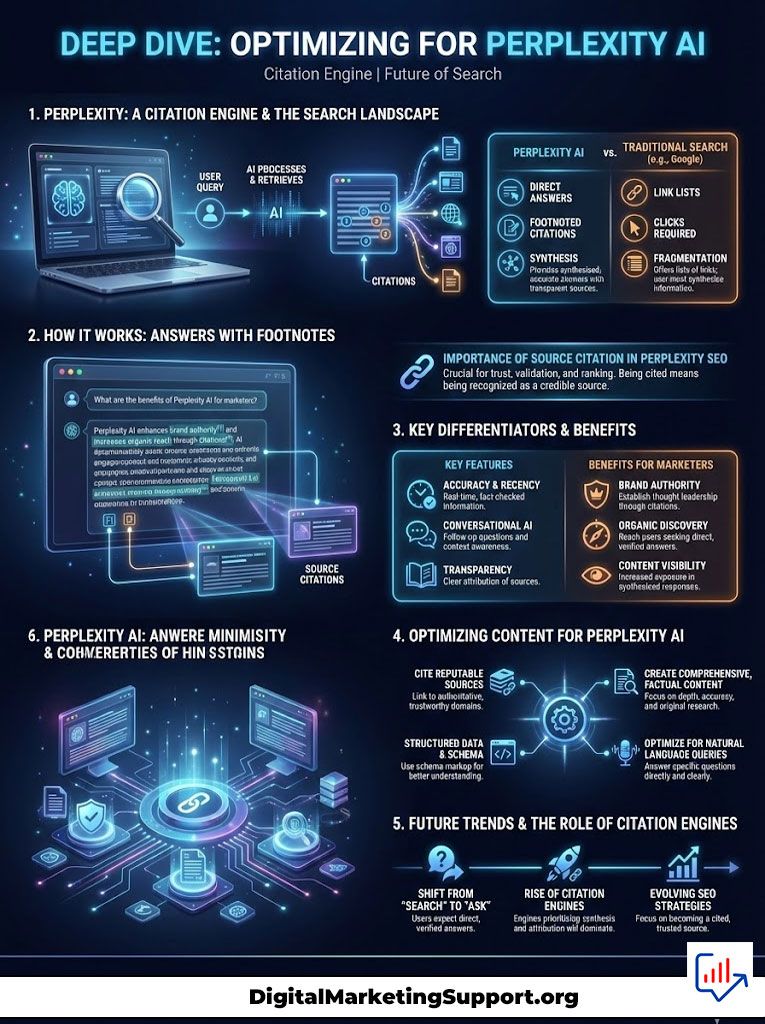 Infographic explaining Perplexity AI as a citation engine, detailing its features and SEO optimization strategies.