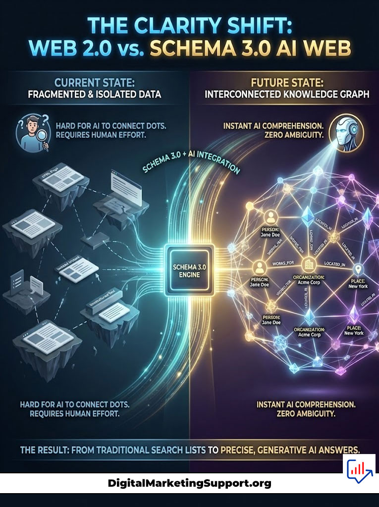 Infographic comparing Web 2.0 and Schema 3.0 AI Web, showing data fragmentation and interconnected knowledge graphs.