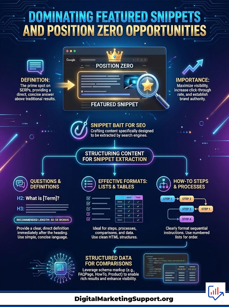Infographic explaining featured snippets and position zero opportunities with charts and definitions.