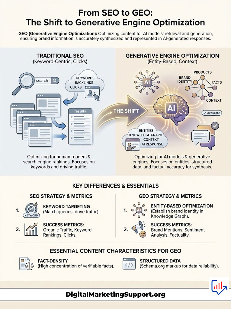 Infographic comparing Traditional SEO and Generative Engine Optimization with key differences and metrics.