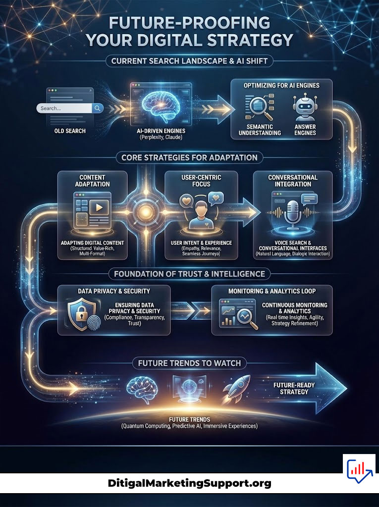 Infographic illustrating future-proofing digital strategy with AI-driven engines, user-centric focus, and future trends.