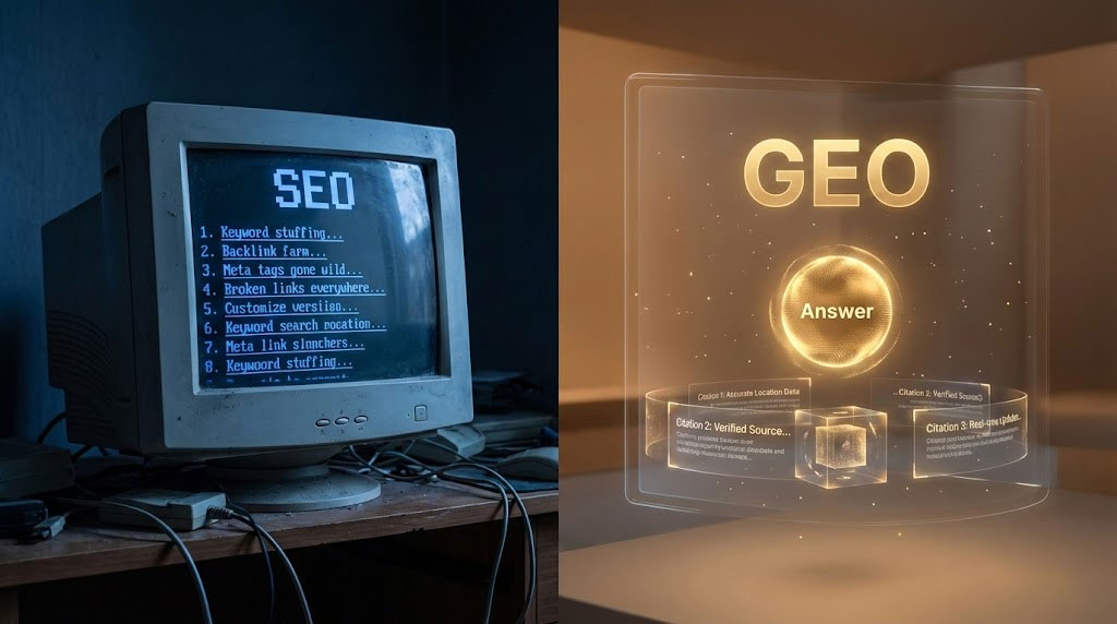 A vintage computer screen displays SEO tips with a dark background and cluttered cables around it.