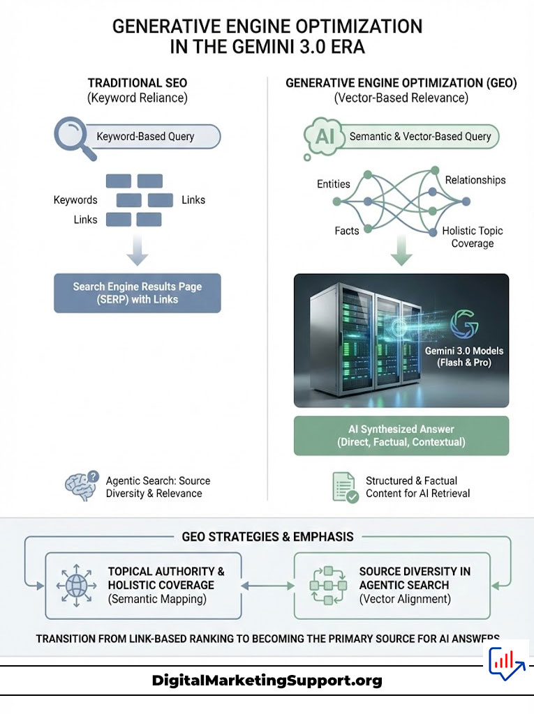 Infographic comparing Traditional SEO and Generative Engine Optimization with charts and key concepts on AI relevance.