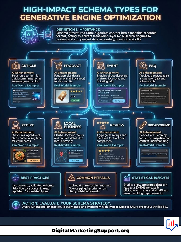 Infographic displaying high-impact schema types for generative engine optimization, including definitions and examples.