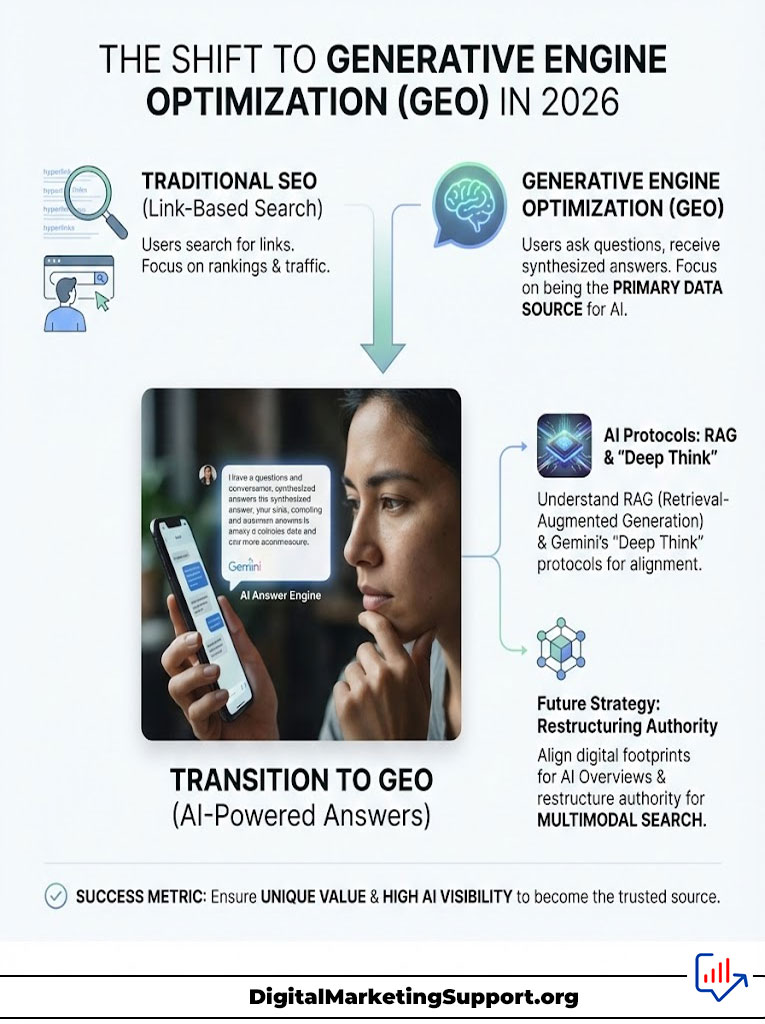 Infographic illustrating the shift to Generative Engine Optimization (GEO) in 2026, comparing traditional SEO and GEO.