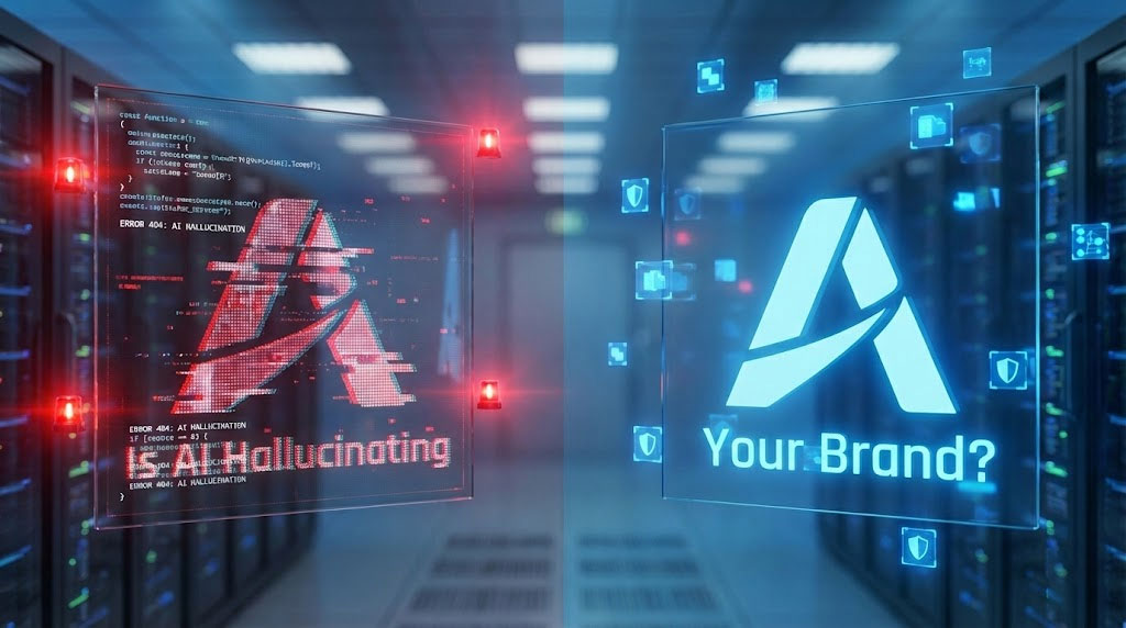 Digital display shows "AI Hallucinating" and "Your Brand?" in a server room with blue and red lighting.