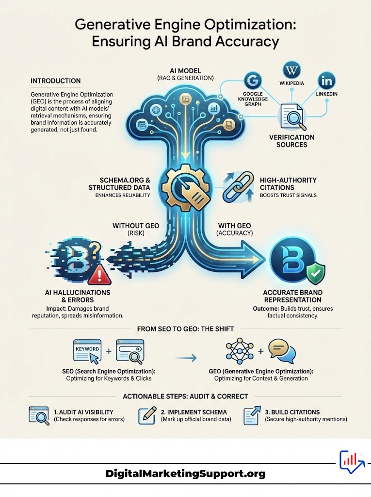 Infographic on Generative Engine Optimization, detailing AI models, schema data, and actionable steps for brand accuracy.