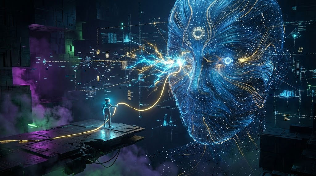 A figure in a futuristic suit connects with a glowing digital face amidst colorful lights and data streams.