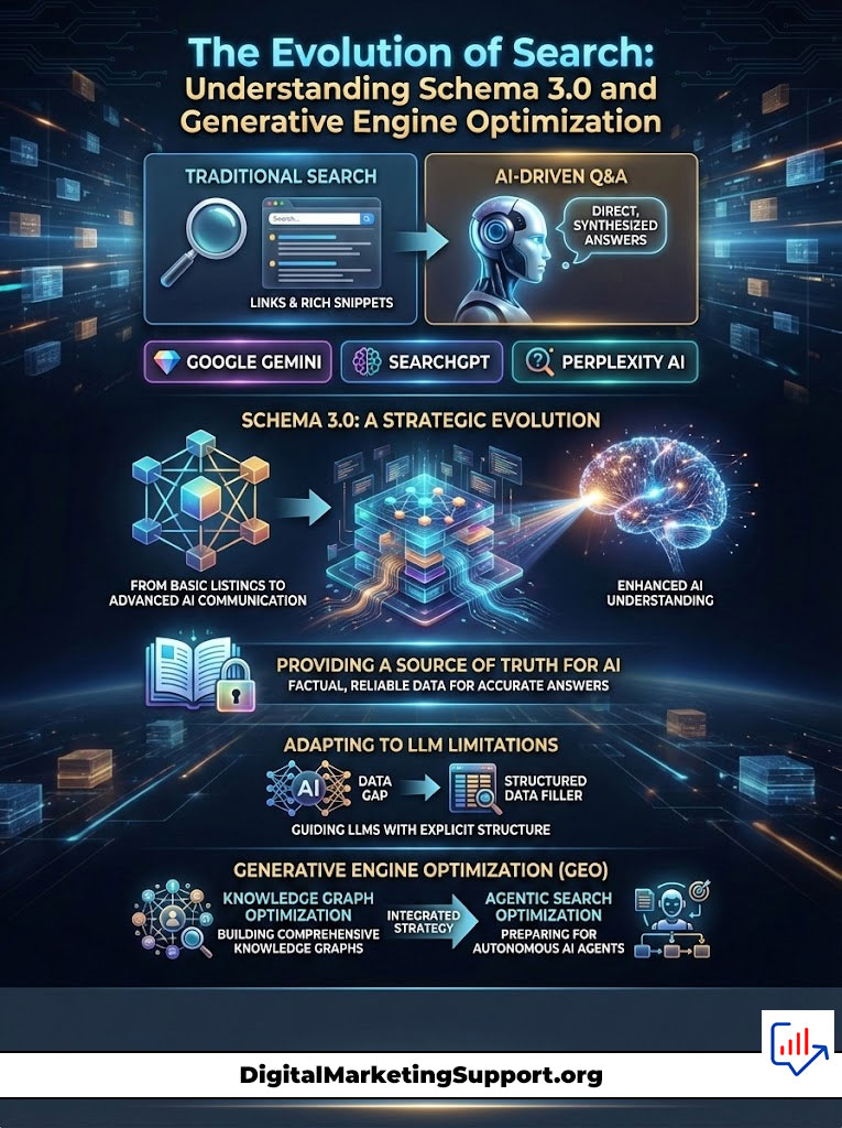 Infographic illustrating the evolution of search, highlighting Schema 3.0, AI-driven Q&A, and generative engine optimization.