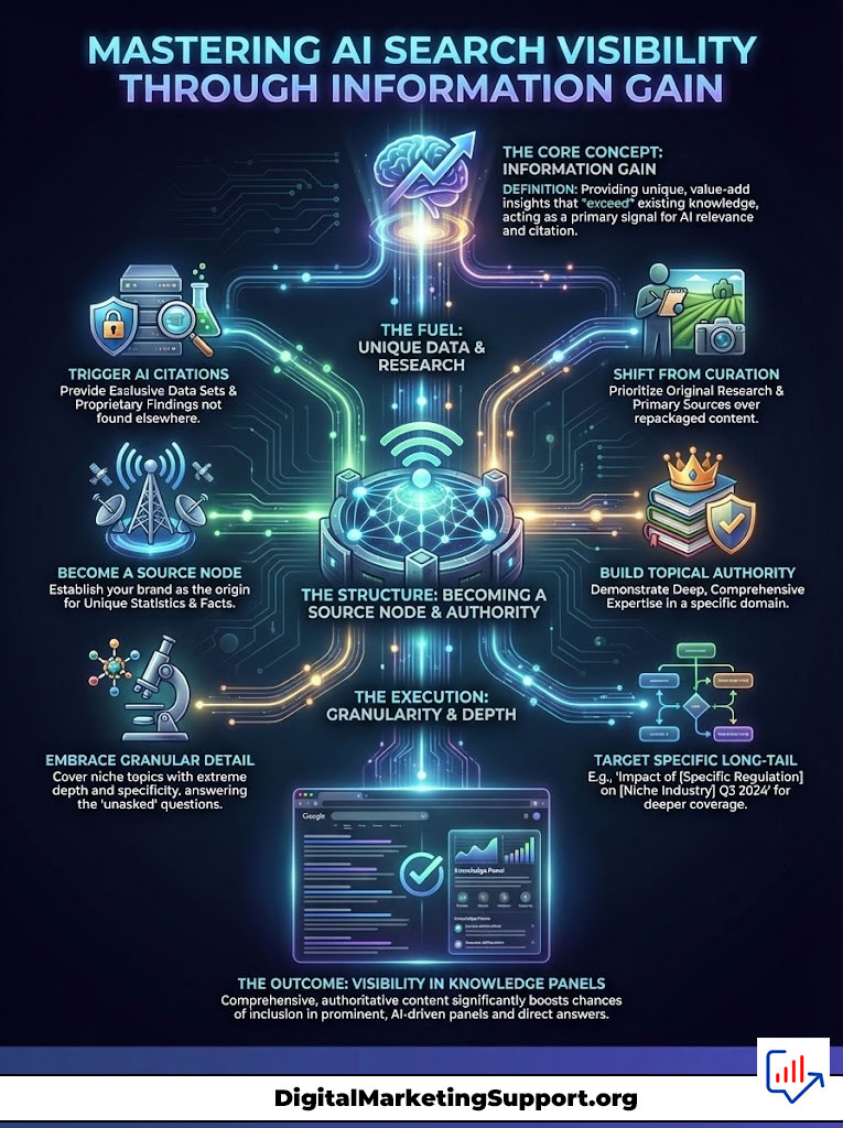 Infographic illustrating mastering AI search visibility through information gain, featuring key concepts and data points.