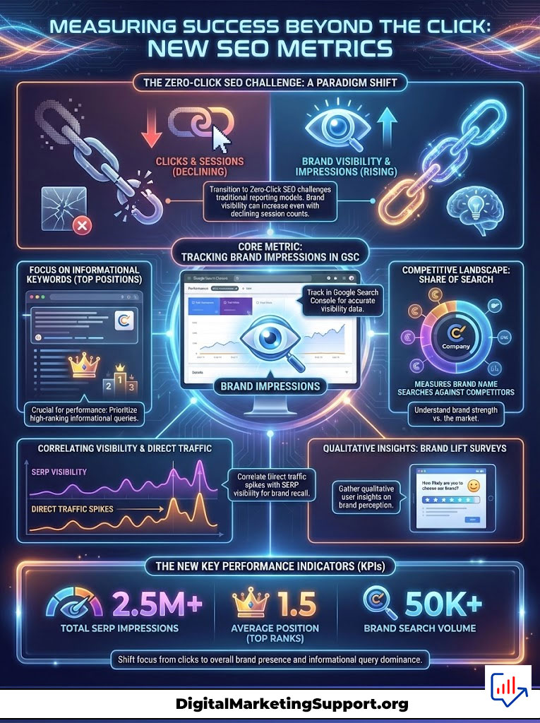 Infographic showing new SEO metrics, including clicks, brand impressions, and key performance indicators.