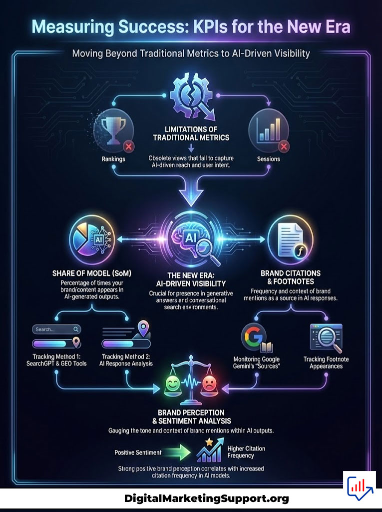 Infographic on KPIs for AI-driven visibility, showing metrics, charts, and icons related to brand perception and analysis.
