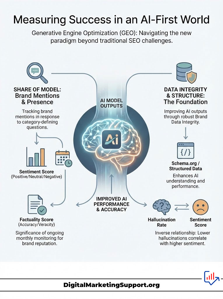 Infographic on Generative Engine Optimization (GEO) highlighting AI model outputs, data integrity, and sentiment analysis metrics.