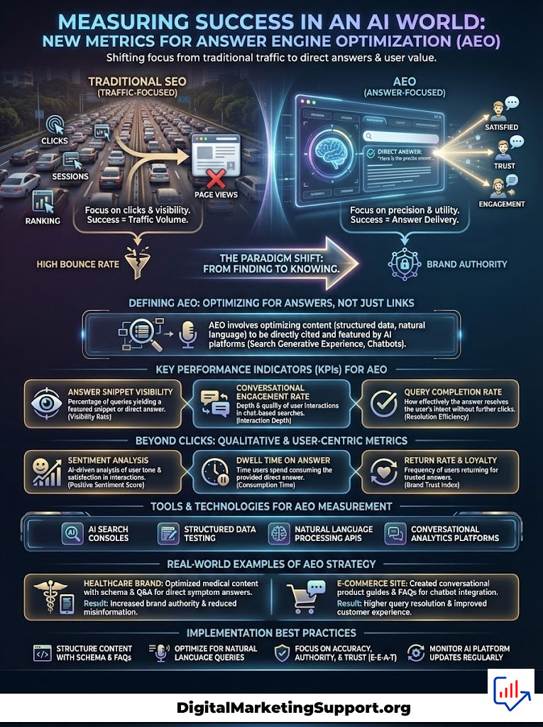 Infographic on Answer Engine Optimization (AEO) metrics, showing traditional SEO vs AEO, KPIs, and examples.
