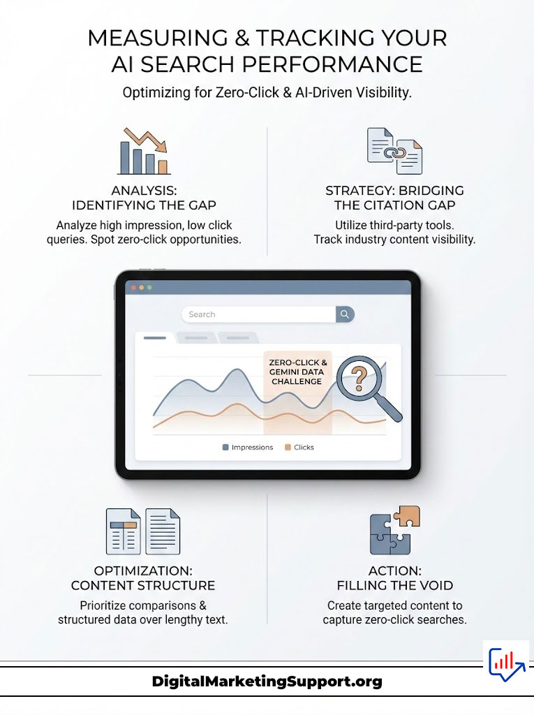 Infographic on measuring AI search performance with analysis, strategy, optimization, and action steps illustrated.
