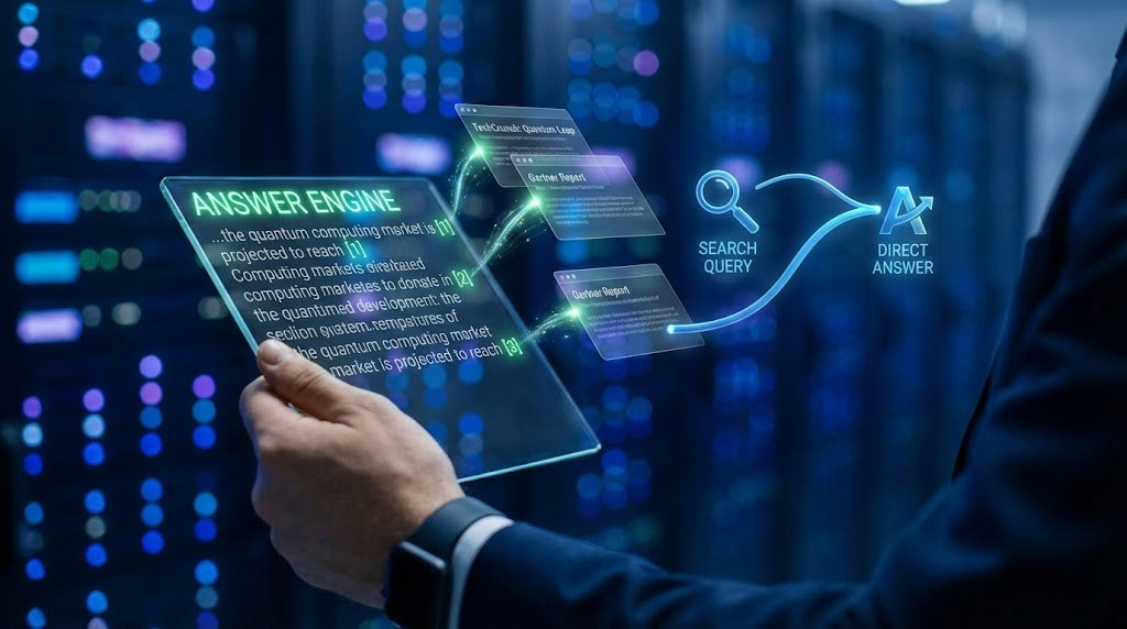 A person holds a transparent screen displaying data about quantum computing and an answer engine interface.