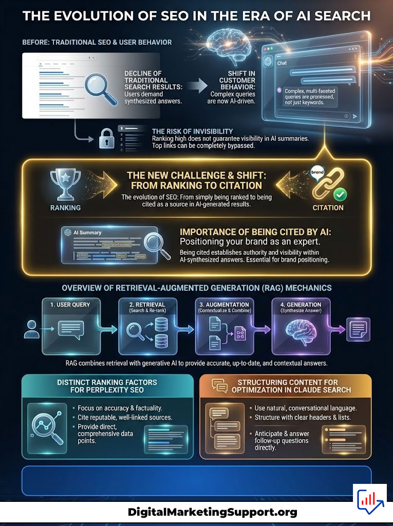 Infographic illustrating the evolution of SEO in AI search, detailing ranking, citation, and RAG mechanics.