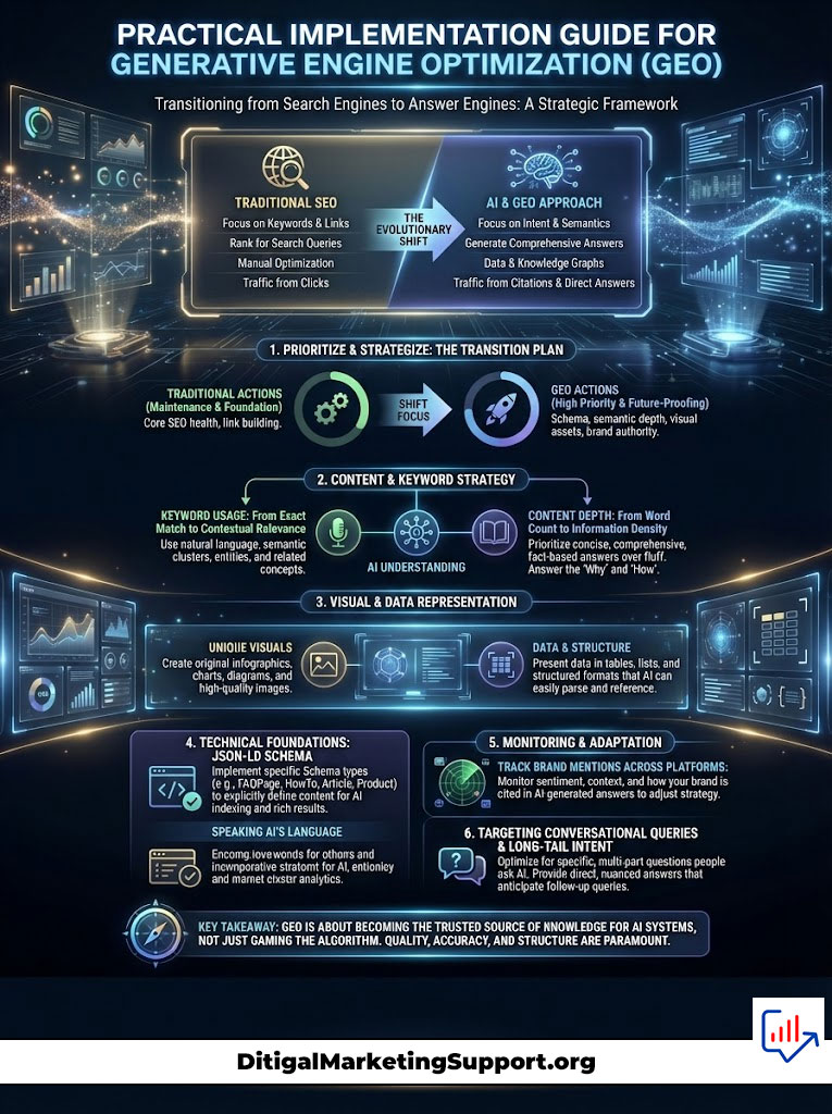 Infographic on Generative Engine Optimization with sections on SEO strategies, data representation, and key takeaways.