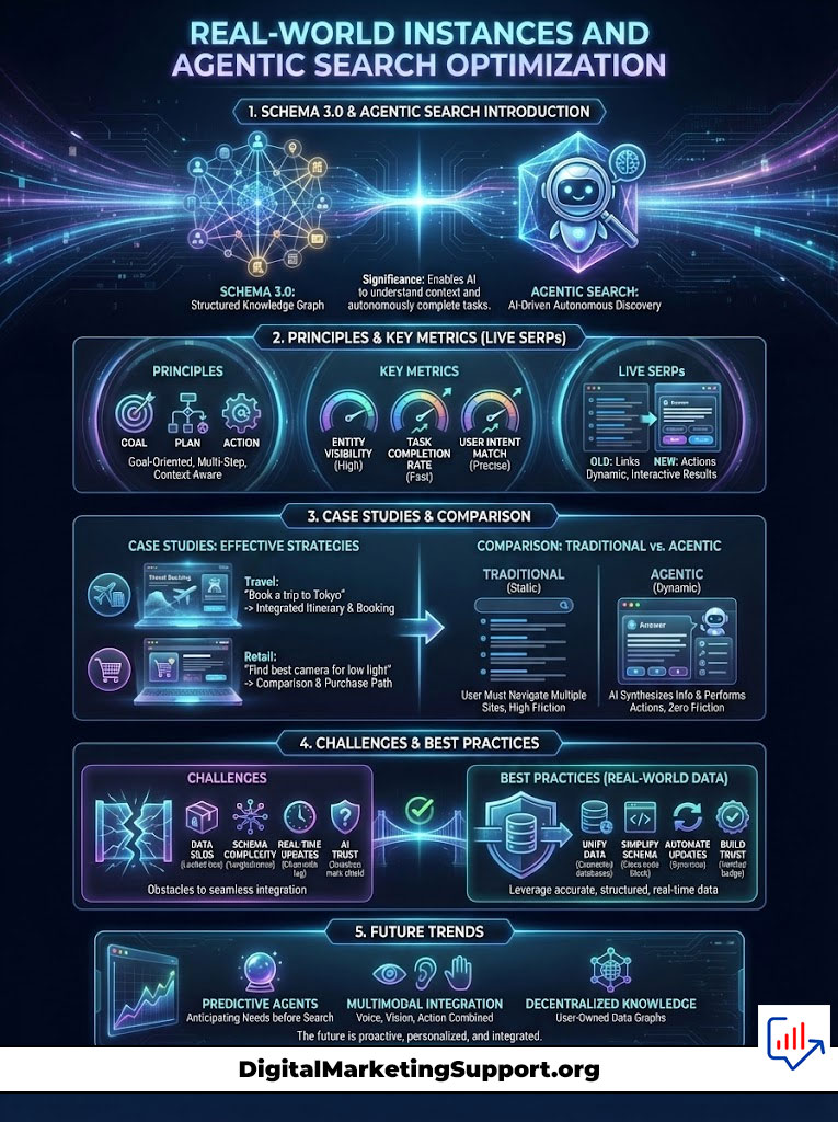 Infographic on Agentic Search Optimization with charts, icons, and key metrics for effective strategies and future trends.