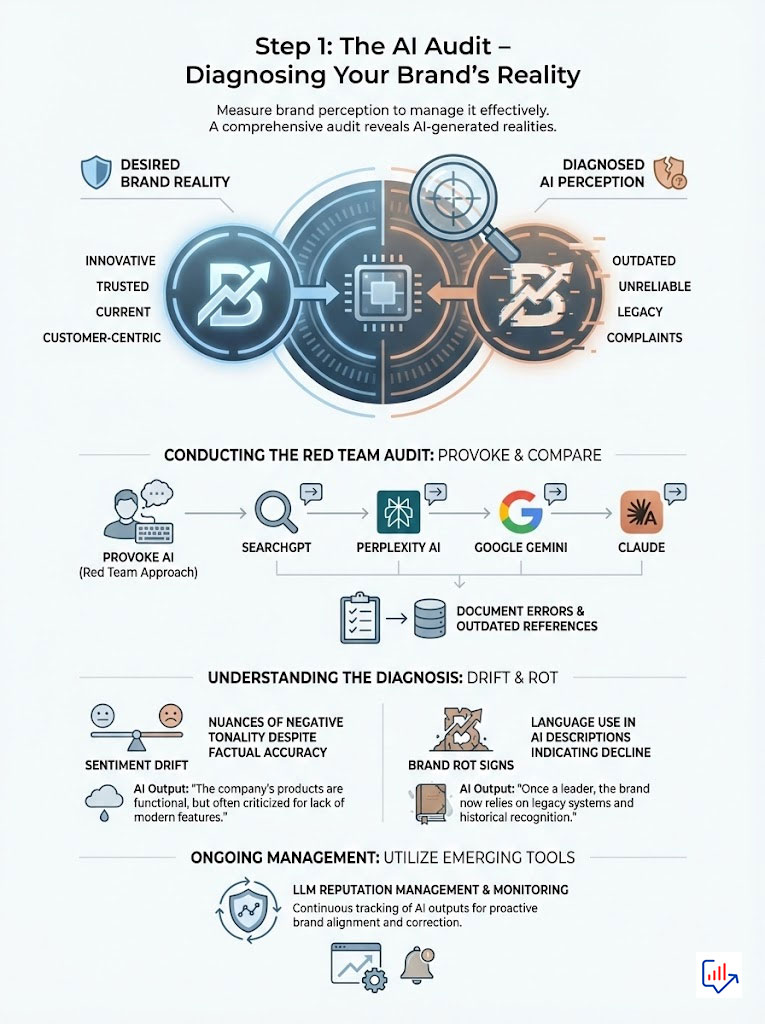 Infographic detailing the AI audit process for brand diagnosis, including desired brand reality and diagnosed AI perception.