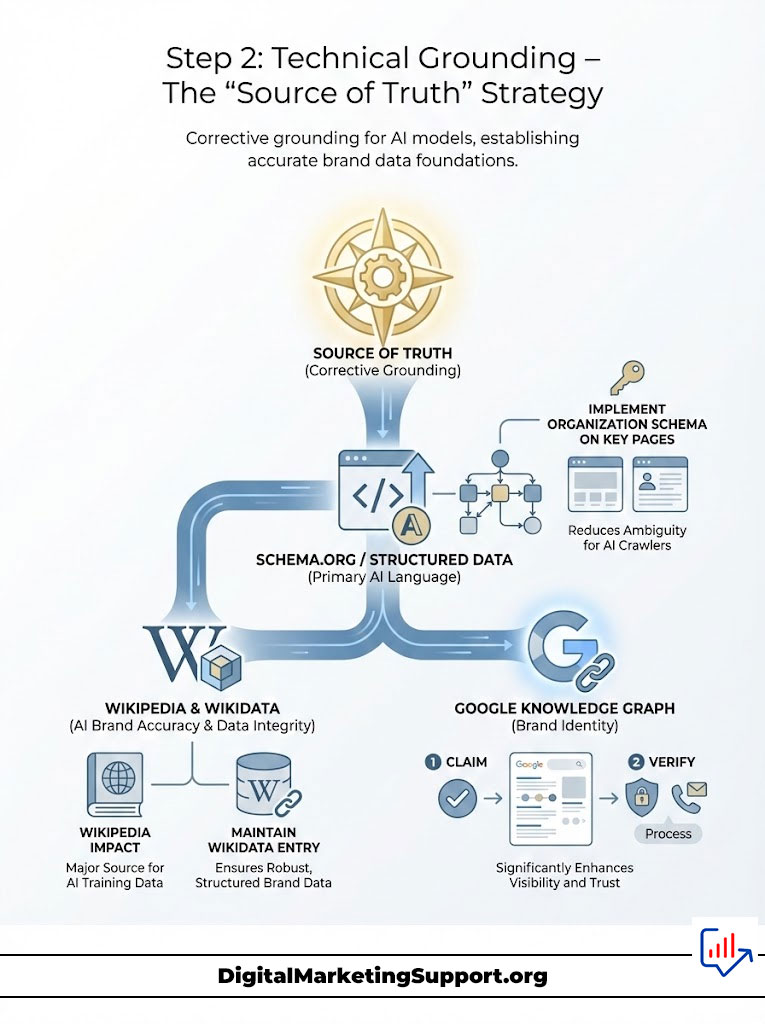 Infographic illustrating the "Source of Truth" strategy for AI models, featuring key elements like Schema.org and Google Knowledge Graph.