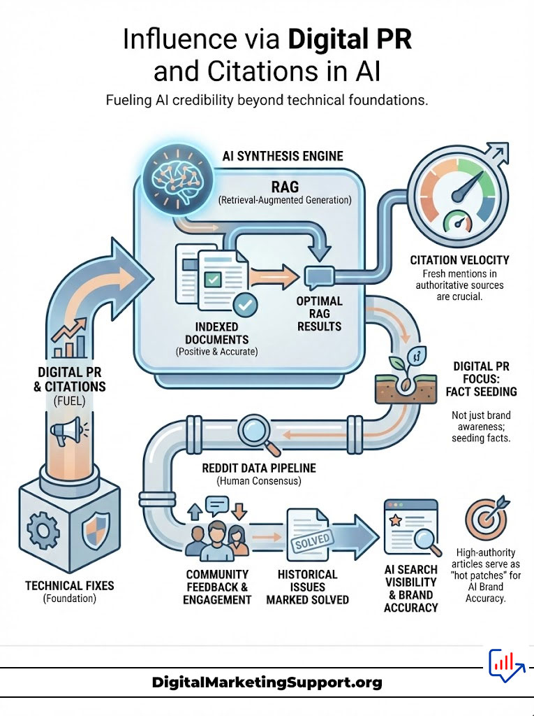 Infographic illustrating the influence of digital PR and citations in AI, featuring an AI synthesis engine and citation velocity.
