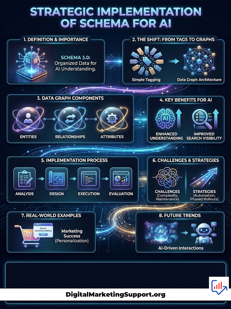 Infographic on strategic implementation of schema for AI, detailing definitions, components, and benefits.