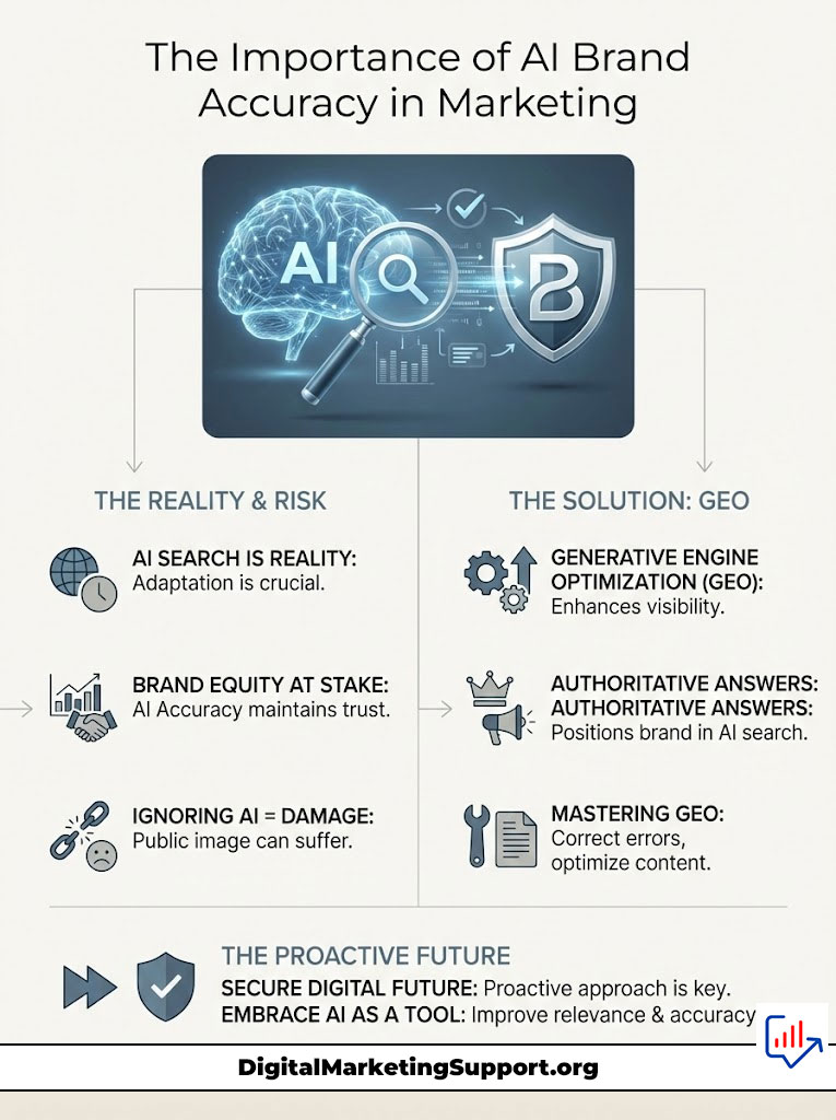 Infographic illustrating AI brand accuracy in marketing with sections on risks, solutions, and proactive future strategies.