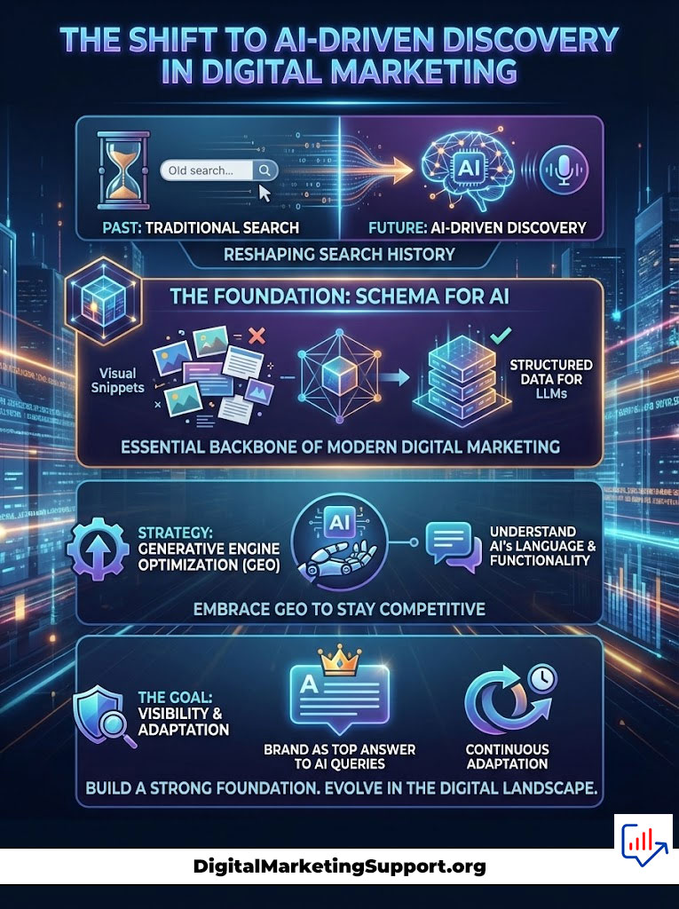 Infographic showing the shift from traditional search to AI-driven discovery in digital marketing, with key strategies and goals.