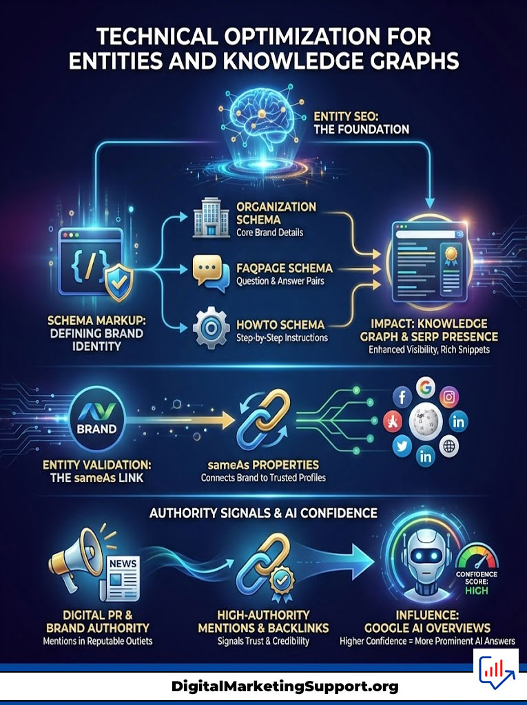 Infographic on technical optimization for entities and knowledge graphs, featuring schemas, authority signals, and AI confidence.