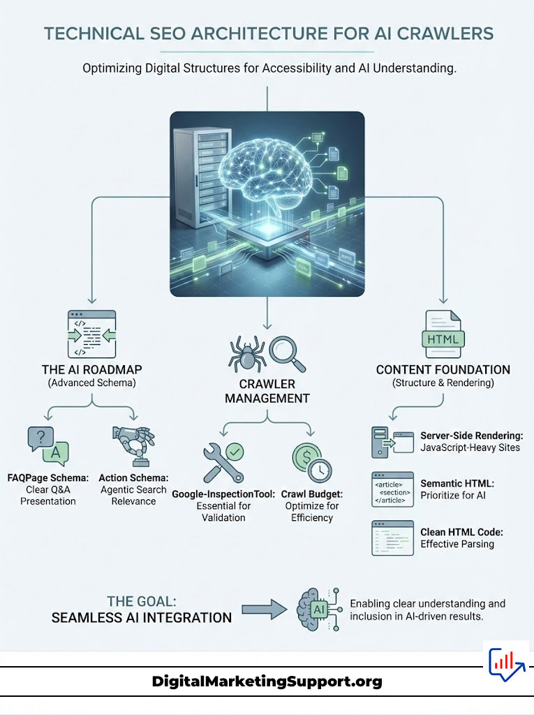 Infographic illustrating technical SEO architecture for AI crawlers, featuring AI roadmap, crawler management, and content foundation.