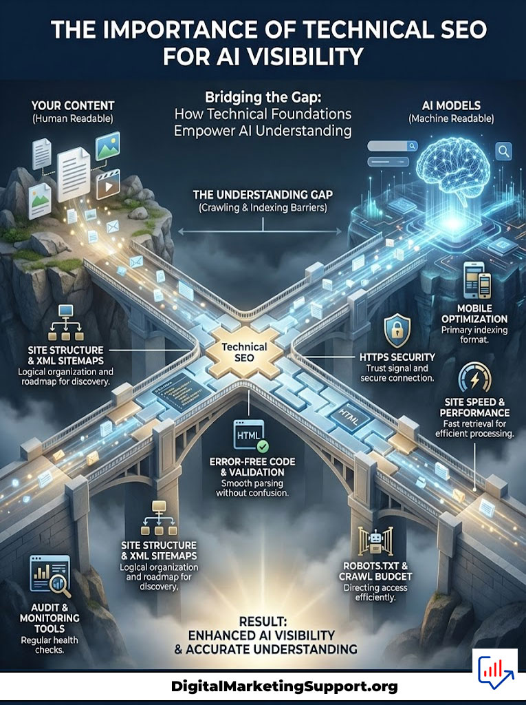 Infographic illustrating the importance of technical SEO for AI visibility, featuring key concepts and visuals.