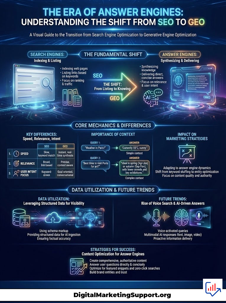Infographic illustrating the shift from SEO to GEO, detailing search engines, answer engines, and future trends.