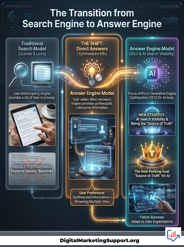 Infographic illustrating the transition from traditional search engines to answer engines with key models and strategies.