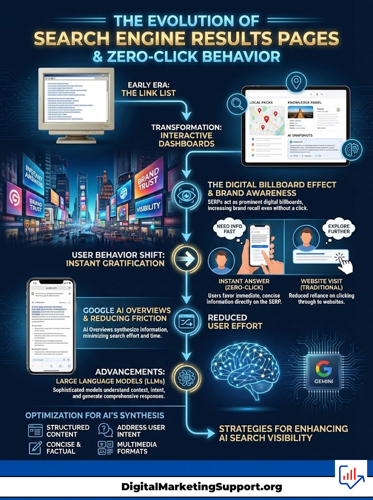 Infographic showing the evolution of search engine results pages and zero-click behavior with charts and icons.