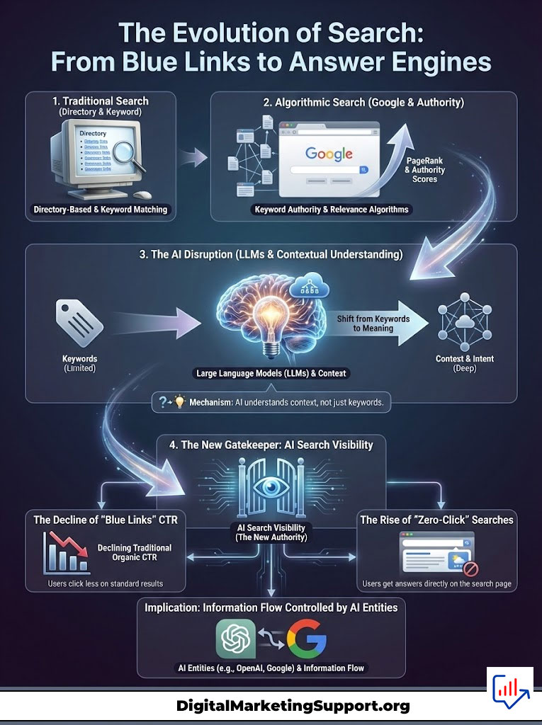 Infographic illustrating the evolution of search, from traditional search to AI-driven answer engines, with key points and icons.