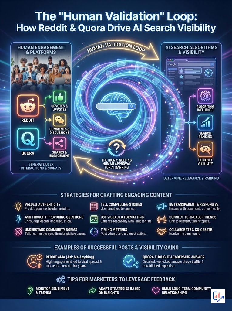Infographic illustrating the "Human Validation Loop" with Reddit and Quora's impact on AI search visibility, featuring charts and icons.