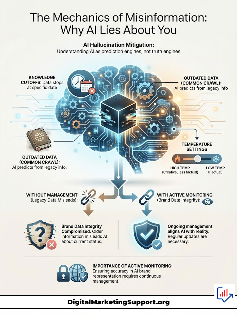 Infographic explaining AI misinformation mechanics, featuring data cutoffs, management, and monitoring strategies.
