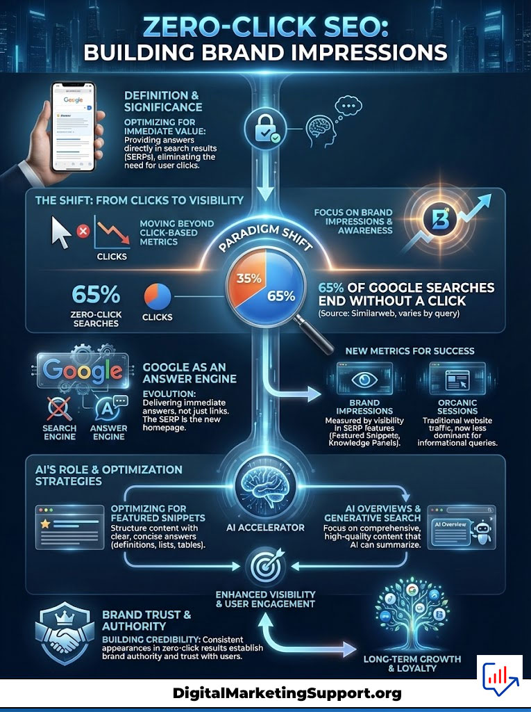 Infographic on zero-click SEO highlighting brand impressions, statistics, and optimization strategies.
