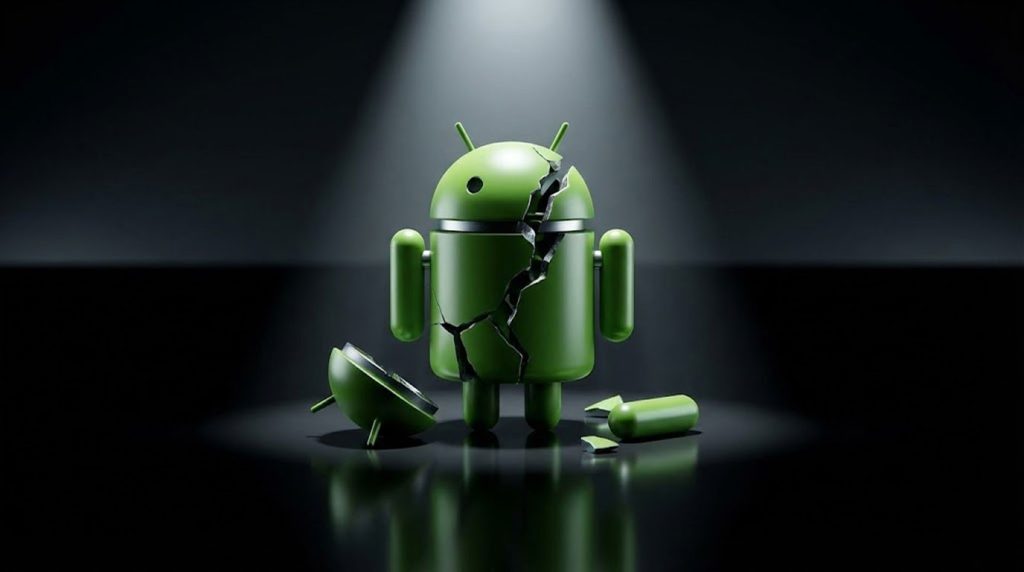 A cracked green Android robot stands on a dark surface with broken pieces around it, illuminated by a spotlight.