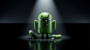 A cracked green Android robot stands on a dark surface with broken pieces around it, illuminated by a spotlight.