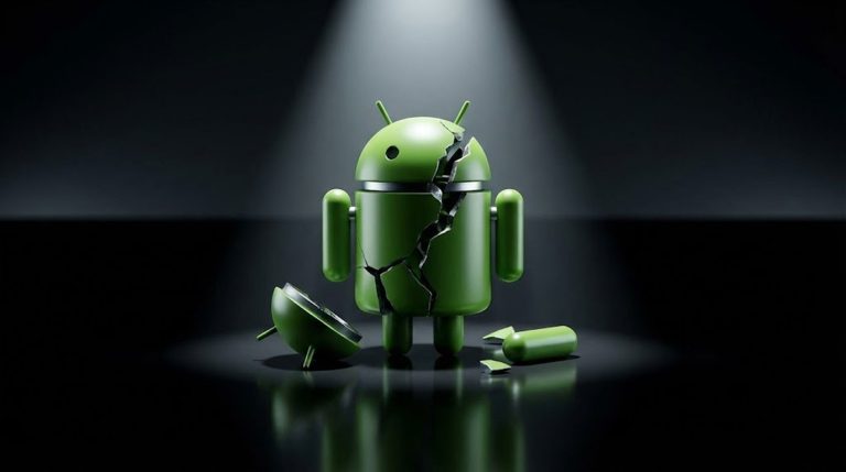 A cracked green Android robot stands on a dark surface with broken pieces around it, illuminated by a spotlight.