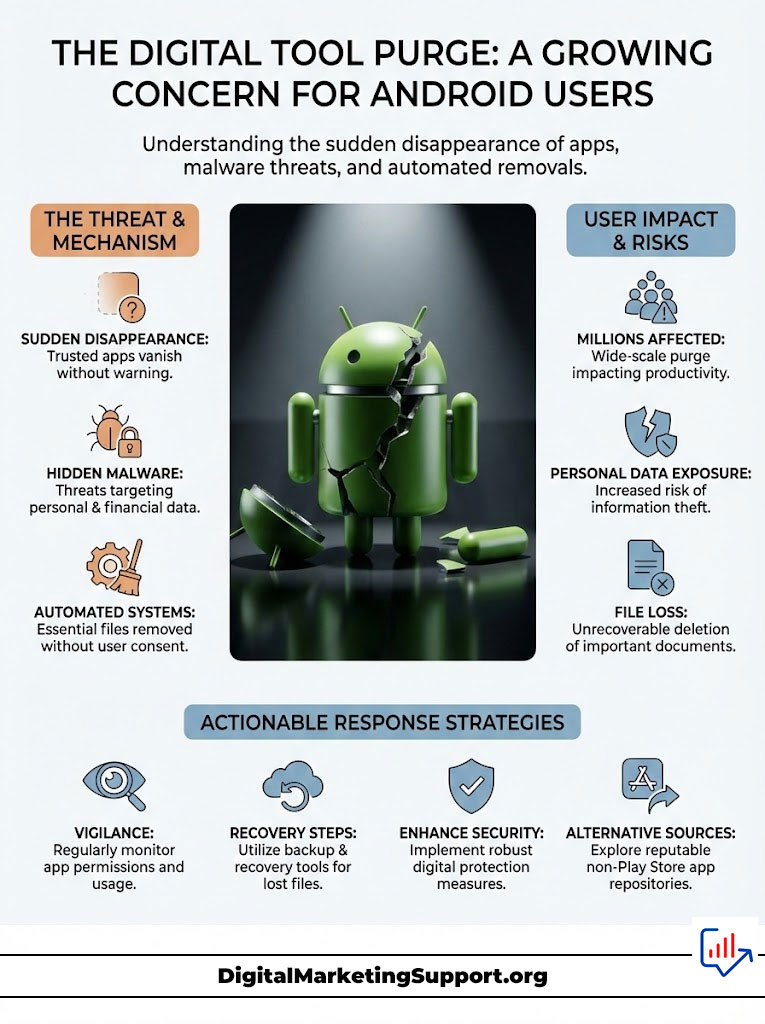 Infographic explaining digital tool purge concerns for Android users, detailing threats, user impact, and response strategies.