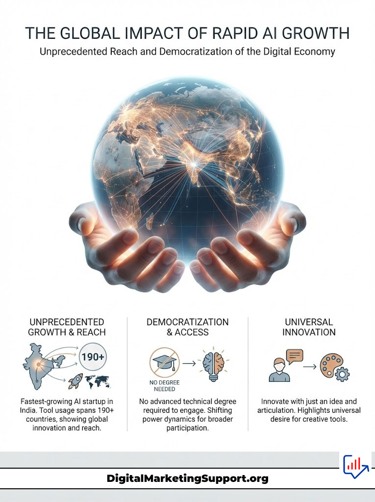 Hands hold a globe with network connections, showcasing AI growth, access, and innovation in an infographic.