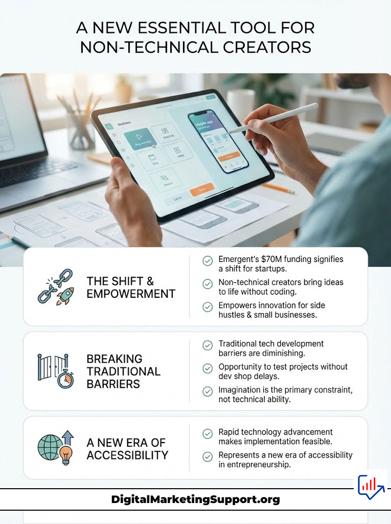 Infographic showing a new tool for non-technical creators, featuring key points on empowerment, barriers, and accessibility.