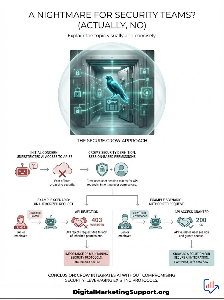 Infographic explaining the Secure Crow approach to API security, featuring charts and icons illustrating access scenarios.