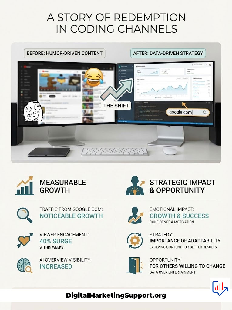Infographic showing coding channels' shift from humor-driven to data-driven strategy with growth statistics and impacts.